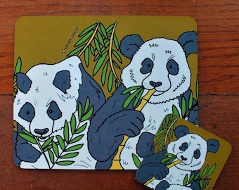 Panda placemat and coaster set - cute panda gift - wooden - cork backed - heat proof - durable - table mat - Laura Lee Designs