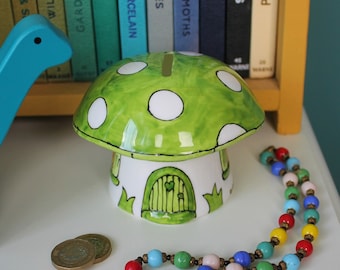 Green Toadstool Money Box - Royal Blue - Piggy Bank - Mushroom - Hand Painted Fine China - New Baby Gift - Fairytale - Laura Lee Designs