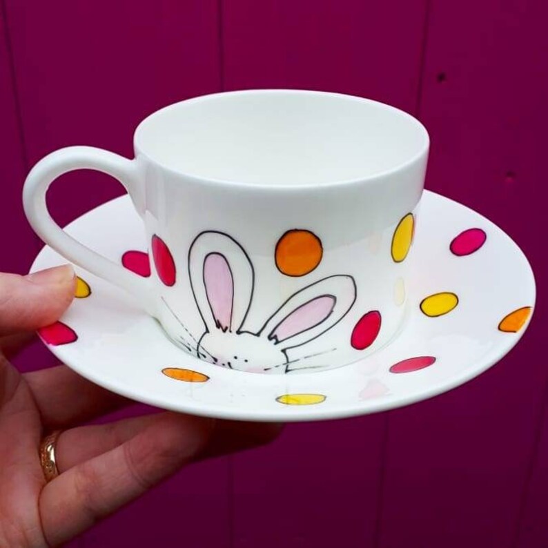 White rabbit teacup and saucer cute bunny teacup hand painted Etsy