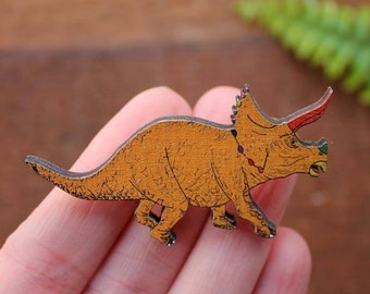 Dinosaur Brooch - Triceratops Brooch - Rainbow Dinosaur - Wooden - Jewellery - Cute - Yellow - Birchwood - Eco - Laura Lee Designs