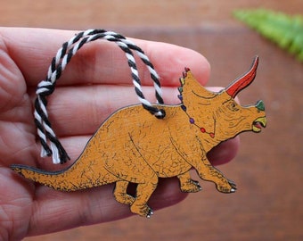 Dinosaur Ornament - Yellow - Triceratops Hanging Decoration - Rainbow Dinosaur - Wooden - Christmas Decoration - Stocking Filler - Birchwood