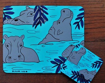 Hippo Placemat & Coaster Gift Set - Wooden - Cork Backed - Heat Proof - Colourful - table mat