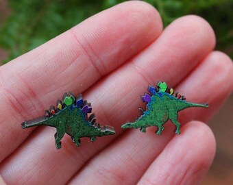 Dinosaur Earrings - Stegosaurus Rainbow Dinosaur Studs - Earrings - Wooden - Stainless Steel - Birchwood  - Rainbow - Hypoallergenic