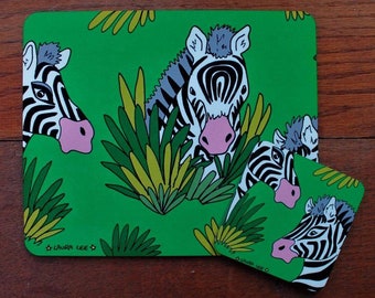 Zebra Placemat & Coaster Gift Set - Wooden - Heat Proof - Colourful - table mat - Laura Lee Designs