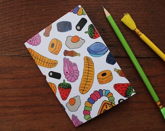 Retro Sweets Notebook - Single Pocket Notebook - Party Bag Filler - Allsorts - Foam Bananas - Pink Shrimp - 100% Recycled - Eco