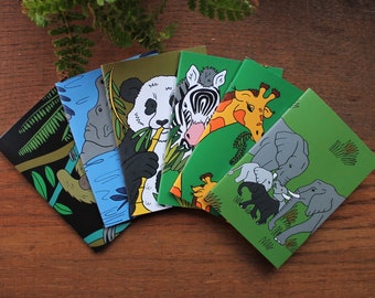 Zoo Animal Notebook Set - Six Pocket Notebooks - Party Bag Filler - Giraffe - Hippo - Elephant - Sloth - Panda - Zebra - 100% Recycled - Eco