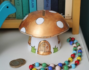 Gold Toadstool Money Box - Orange - Piggy Bank - Mushroom - Hand Painted Fine China - New Baby Gift - Fairy Tale - Laura Lee Designs