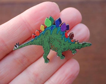 Stegosaurus Brooch - Rainbow Dinosaur - Wooden - Jewellery