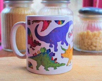 Rainbow Dinosaur Mug - Printed Mug - Stoneware - Ammonite - Colourful Gift Box