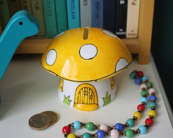 Yellow Toadstool Money Box - Piggy Bank - Hand Painted Fine China - Mushroom - New Baby Gift - Fairy Tale - Nursery - Laura Lee Designs