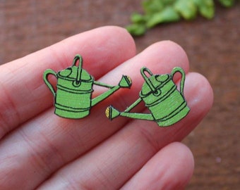 Watering Can Stud Earrings - Wooden - Stainless Steel - Gardener's Gift - Green - Birchwood - Eco - Designer - Hypoallergenic