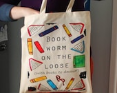 Book Worm Tote Bag - Funny - Reading Gift - Bookworm - Library Bag - Colourful Books - Teaching Gift - Teacher - Laura Lee Designs