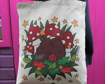Hedgehog Tote Bag - Mushrooms - Toadstools - Stars - Fairtrade Cotton - Eco Gift - Gift For Gardeners - Woodland - Laura Lee designs