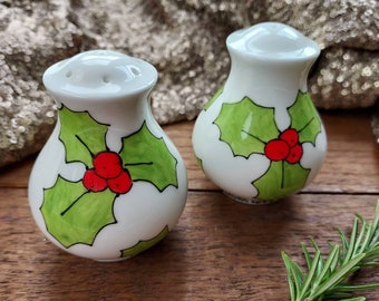 Holly & Berries - Salt and Pepper Set - Cruet - Tea Set - Hand Painted - Fine China - Christmas Tableware - Laura Lee Designs - Designer