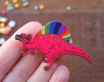 Dinosaur Brooch - Spinosaurus Brooch - Punk Rainbow Dinosaur - Wooden - Jewellery - Birchwood - Eco - Laura Lee Designs