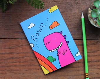 Rawr Dinosaur Rainbow Notebook - Single Pocket Notebook - Party Bag Filler - Colourful Stationery - Jurassic - 100% Recycled - Eco