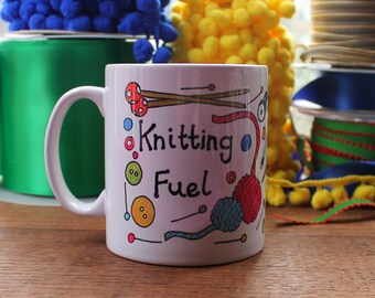 Knitting Fuel Mug - Knitters Mug - Knitting Cup - Printed Stoneware - Gift Boxed - Crafter's Gift - Crafting - Colourful