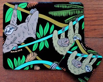 Sloth Placemat & Coaster Gift Set - Wooden - Cork Backed - Heat Proof - Colourful - table mat - Laura Lee Designs