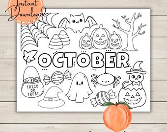May include: Black and white Halloween-themed printable art with the word "October" and various illustrations, including pumpkins, a bat, spider, candy, and a ghost. The words "Instant Download" and "hello peach prints" are also visible.