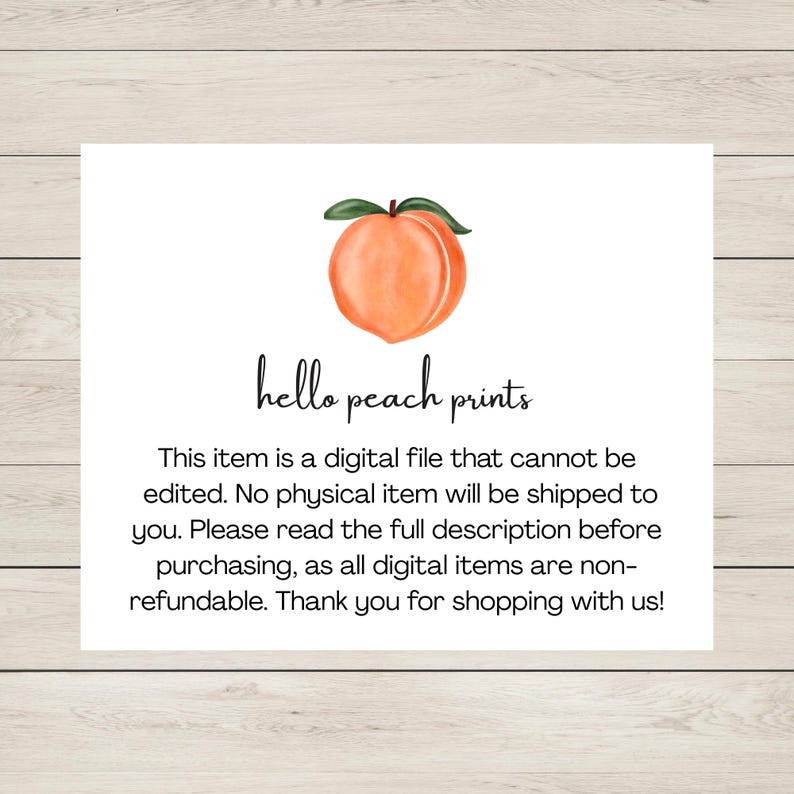 Puede incluir: Una tarjeta blanca con una ilustraci&oacute;n de acuarela de un melocot&oacute;n y el texto "hello peach prints". La tarjeta tambi&eacute;n incluye texto sobre archivos digitales y reembolsos.