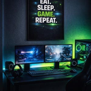 May include: A gaming setup featuring a framed poster with the text "EAT. SLEEP. GAME. REPEAT." above two computer monitors displaying game scenes. The desk includes a keyboard, mouse, headphones, and speakers, with green and blue LED lighting.