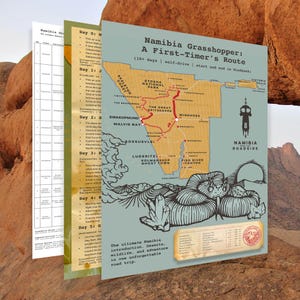 以下が含まれることがあります： ナミビアの地図と、初めての訪問者向けのルートが描かれた旅行ガイドの束。ガイドは、水色、タン、緑色の配色で、「Namibia Grasshopper: A First-Timer's Route」と書かれています。