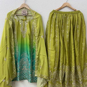 Green Chinon Silk Sharara Suit: Embroidered Pakistani Wedding Outfit