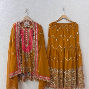 Sequin Embroidered Sharara Suit: Georgette Kurta, Digital Print Dupatta