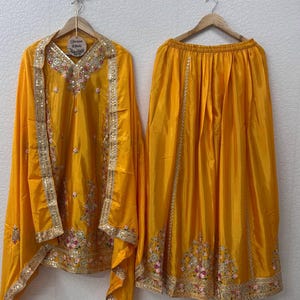 Beautiful Designer Chinon Kurti Sharara Dupatta Suit Indian Heavy Palazzo Yellow Kurta With Sharara Eid Special Outfit Sharara Kurti Suit