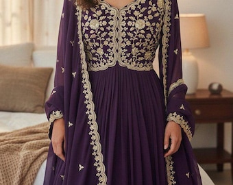 Abito Anarkali ricamato con Dupatta, abito da sposa indiano