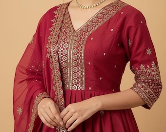 Embroidered Shimmer Silk Anarkali Gown, Indian Wedding Outfit