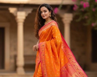 Orange Paithani Silk Saree | Tree & Peacock Jari Pallu, Maharastrian Saree
