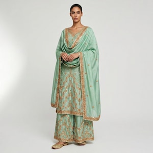 Heavy Silk Kurta Sharara Set, Designer Embroidery Sequin Work, Festive Indian Outfit