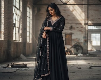 Black Georgette Anarkali Gown: Sequins Embroidered Floor Length Designer Party Wear