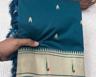 Paithani Silk Saree: Peacock Lotus Design - USA Stitched Blouse