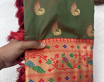 Paithani-sari van zachte zijde: traditionele Indiase bruiloftssari met pauwenpalm