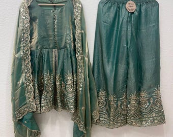 Embroidered Satin Silk Sharara Set, Mirror Work Pakistani Wedding Outfit
