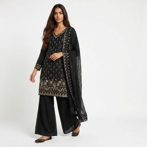 Sharara negro de diseñador bordado en seda Fandy, traje palazzo étnico indio con calados, palazzo con lentejuelas, atuendo listo para bodas/fiestas.