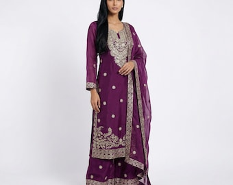 Purple Jimmy Silk Sharara Suit | Embroidered Kurta Palazzo Set | Indian Ethnic Wear