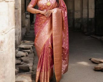 Soft Silk Saree with Zari Work, Heavy Stitched Blouse, Bridal Wedding Ethnic Saree USA