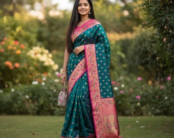 Handgeweven paithani-zijden sari | Peacock Zari, maharashtriaans weefsel