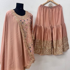 Pink Sharara Set: Chinon Silk, Embroidery Palazzo - Indian Partywear