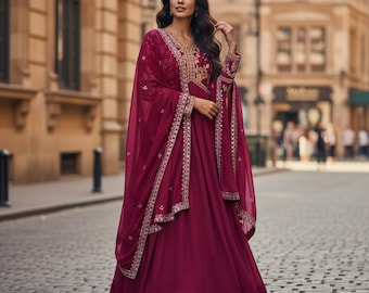 Embroidered Georgette Anarkali Gown: Indian Ethnic Wedding Party Wear Designer Dress