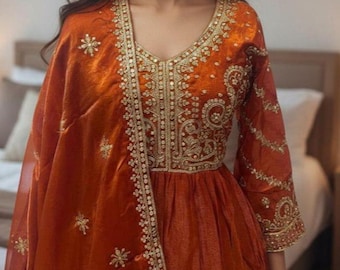 Orange Indian Wedding Anarkali Gown with Embroidered Dupatta