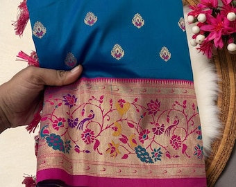 Handgeweven paithani-zijden sari: Peacock Pallu, USA gestikte blouse
