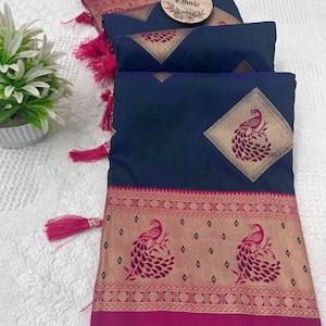 Zachte zijden sari met Meenakari-pauwmotieven en contrasterende blouse