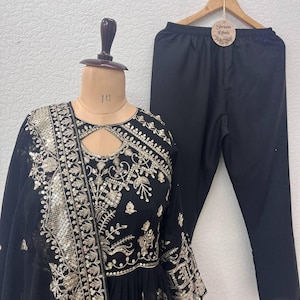 Embroidered Sequin Anarkali Gown: Black Georgette Pakistani Bridal Outfit