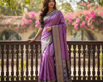 Lavendel paithani zijden sari | Kanchi geweven rand, rijk pallu