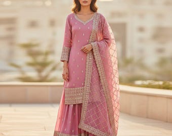 Pink Silk Palazzo Set: Sequins Embroidered Indian Sharara Outfit