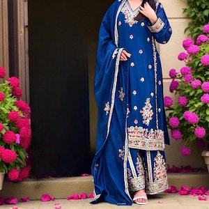 New Blue Designer Pakistani Embroidered with Sequence Work Sharara Palazzo with Dupatta Wedding Sharara, Party Wear Dress, Top Palazzo